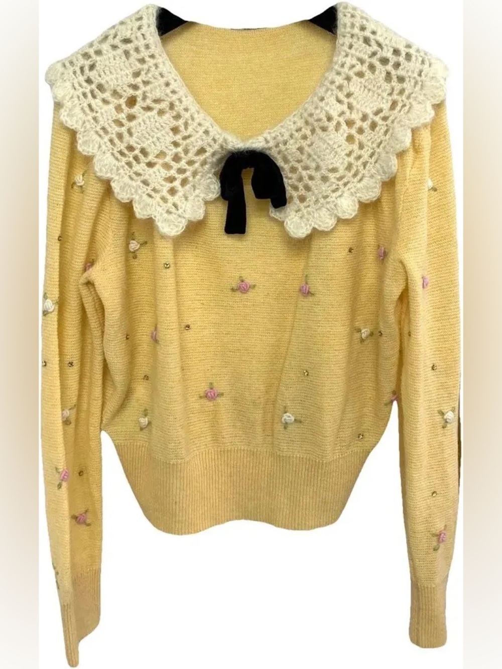 Miu Miu Cream Yellow Sweater with Crochet Collar and Bow